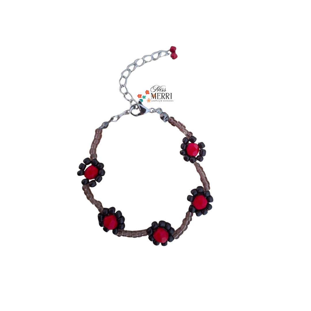 Red & Black Beaded Flower Bracelet