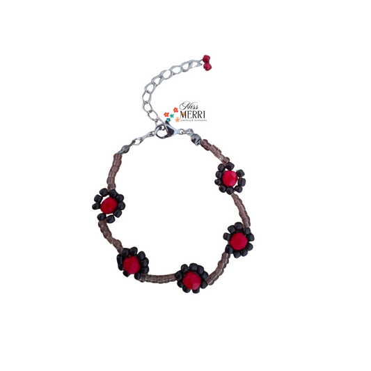 Red & Black Beaded Flower Bracelet