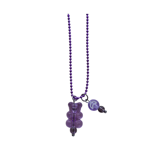 Purple Gummy Bear & Moon Charm Necklace Set